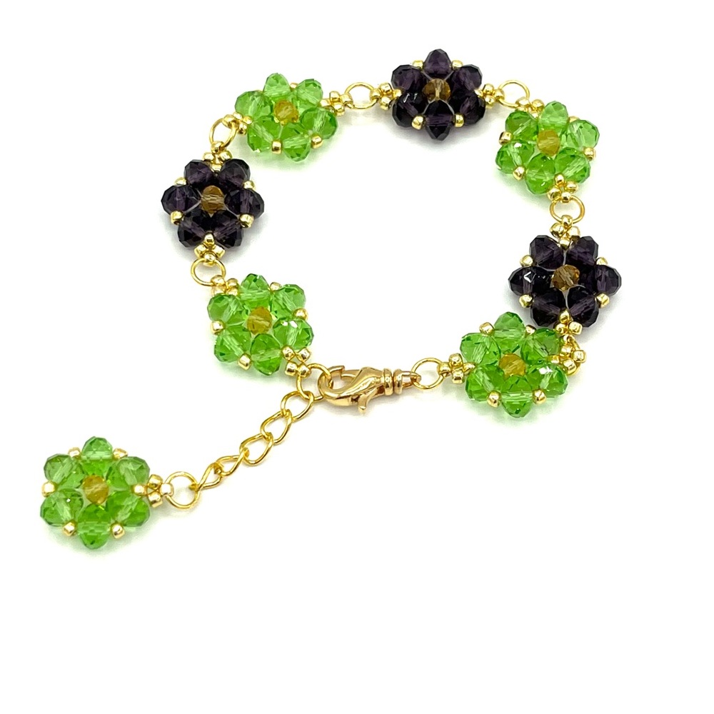 HAND CRAFTED Mardi Gras Crystal Bracelet Purple and Green